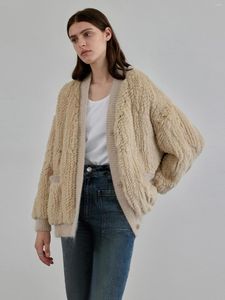 Women's Fur Real Coat Female V-neck Woven Young Mid-long Cardigan 2023 Autumn Winter Clothes Fluffy Closed Sleeve Jackets