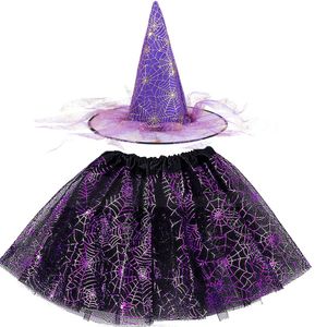 Special Occasions Adult Girl Children Witch Black Gold Spider Web Skirt Hat Fancy Dress Party Clothes Cosplay Bat Cloak Halloween Costume 230906