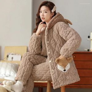 Damen-Nachtwäsche, Winter-Pyjama-Sets, dreilagig, dickes Korallen-Fleece-Clip-Baumwoll-gefütterte Jacke mit Kapuze, warme Überwindung, Heimkleidungsset