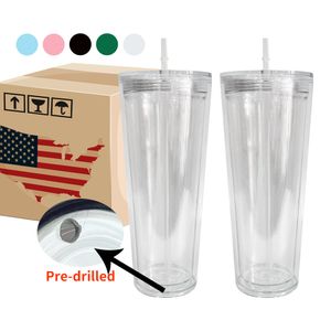 USA warehouse mixed color double walled 24oz plastic snow globe cups with lids and straws suitable for vinyl for Christmas and Halloween cold cup 20pcs/case