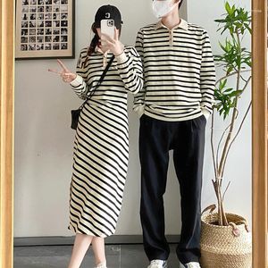 Men's Polos 9811#Real Autumn Couple Fashion Black Apricot Stripe Womens A-line Dress Long Sleeve POLO Neck Top