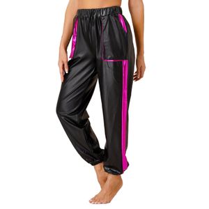 Pantaloni da donna Capris Donna Tasche a vita alta metallizzate lucide Jogger Effetto bagnato Pantaloni da ballo Hip Hop Clubwear Pantaloni olografici Pantaloni sportivi lunghi 230905