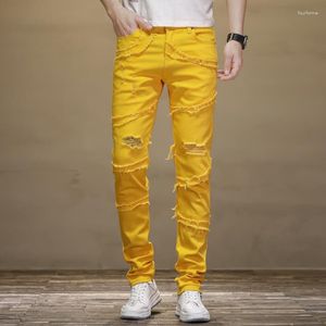 Men's Jeans Ripped Men Slim Fit Yellow Stretch Hip Hop High Street Motocycle Frayed Patchwork Male Denim Pants Hollow Out