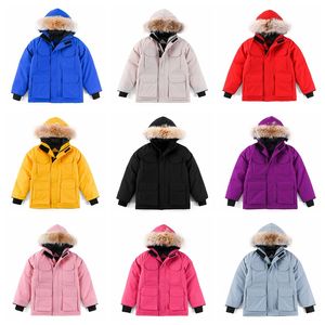 2023 Kids Down Jacket Canadian Coat Designer Winter Jackets Boy Girl Barn Tjock Varma lyxiga kläder med päls huva Parkas Luxury Baby Goose utomhusrockar