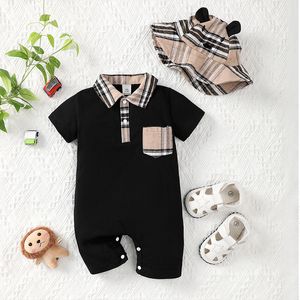 Baby plaid patchwork pocket jumpsuit with teddy bear embroidered fisherman hat