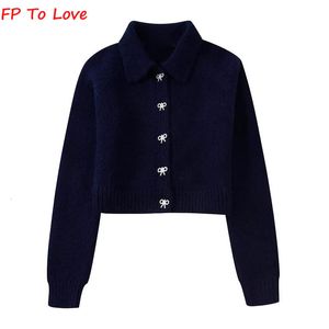 Kvinnor stickar Tees Royal Blue paljetter Cardigan Sticked Crystal Bowknot Soft Outwears Navy Woman Streetwears Single Breasted Female 4331155 230906