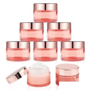 Vaso cosmetico Vaso per crema per il viso in vetro rosa all'ingrosso Contenitore vuoto per bottiglie spesse con coperchio in oro rosa e rivestimenti interni 5G 10G 15G 20G 30G Otf3P