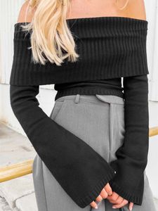 Womens Sweaters CHRONSTYLE Women Slash Neck Knitted Tops Streetwear Long Sleeve Off Shoulder Ribbed Pullovers Slim Fit Causal Jumpers 230906