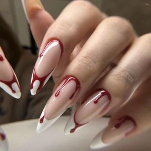 False Nails 3D Fake Accessories for Halloween Party Red Blood White Edge Design Långa franska tips Faux Ongles Press On Nail Set