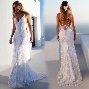 Wedding Dresses White Bridal Gowns Mermaid Trumpet Sleeveless New Custom Plus Size Lace Up V-Neck Lace Ivory Backless Sweep Train