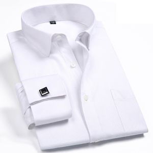 Mens Camisas Casuais Abotoaduras Francesas Negócio Sarja Manga Longa Colarinho Branco Vestido Camisa Grande Tamanho Homens Listrado Top 230905
