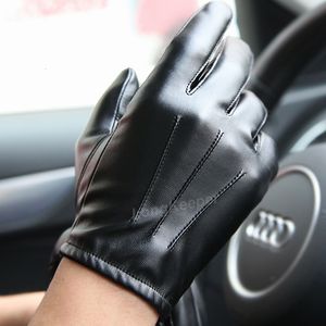 Перчатки с пятью пальцами для вождения, мужские роскошные полиуретановые перчатки для вождения, зима-осень, согревающие перчатки, кашемировые тактические перчатки, кожаные черные, для спорта на открытом воздухе 230906