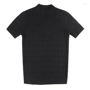 Men's T Shirts Short Sleeve Knit T-Shirts Summer High Quality Half Turtleneck Tops Pullovers Solid Color Slim Fit Male Clothing