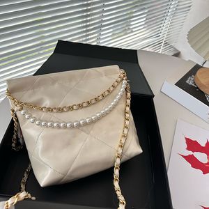 22 mini saco de lixo bolsa de ombro de couro diamante diamante dourado e fivelas de prata Matelasse Chain Bolsa de pérolas de pérolas Matelasse Bolsa de luxo Marca de bolsas Sacoche 20c