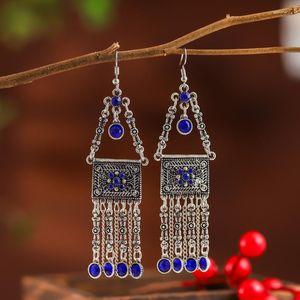 Orecchini pendenti etnici in cristallo blu Jhumka da donna Oorbellen Classici appendini da matrimonio in lega color argento con geometria vintage