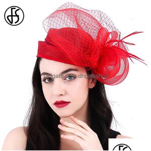 Wide Brim Hats Bucket Fs Black Beige Red Fascinators For Woman Cocktail Church Party Sinamay Feather Veil Headdress Vintage Bridal Cap Dhylb