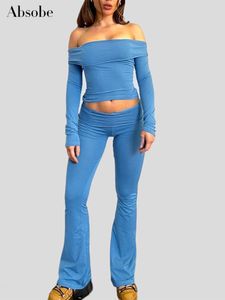 Women s Two Piece Pants Absobe Off Shoulder Corp Top Pant Suit Women Solid Fold Over Long Sleeve T shirt Flared Trousers Casual Set tie Autumn Outfit 230906