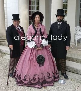 Vintage Old Pink Civil War Prom Dresses with Long Sleeve Plus Size Long Sleeve Lace Applique Bustle Victorian Evening Gown