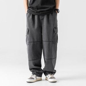Calças de brim masculinas para homens caem bolso duplo plus size perna larga desgastado lavável workwear calças jeans homem streetwear calças
