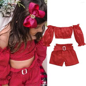 Kläderuppsättningar 2023 Söt spädbarnsflickor Kläder Summer Kid Off Shoulder Crop Tops Belt Shorts Outfit Sunsuit Fashion 2st för 1-5Y