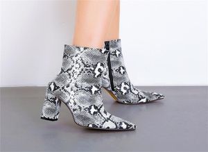 ankle boots women shoe high heels botas Toe Ankle Snakeskin Boots Block square Heels Snake Print Chunky Bootie Shoes CX2008224094105
