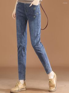 Kvinnors jeans hcxr kvinnor 2023 hösten retro stjärna broderi elastisk midja smal denim byxa ankellängd rak byxor