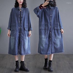 Women's Trench Coats 2023 Autumn Denim Jacket Mid Length Loose Fitting Retro Trendy Single Breasted Stand Collar Windbreaker Jeans Coat