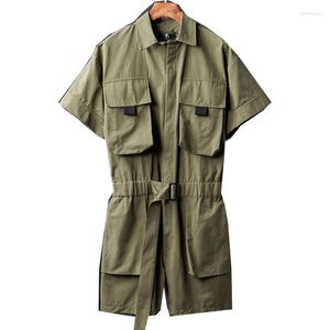 Herrjackor sommar kortärmad jumpsuit lapel multi-pocket hip-hop overall joggers shorts grön svart