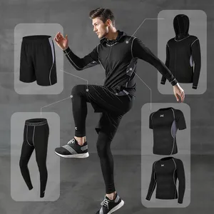 Модная спортивная одежда для тренировок по бегу, мужская повседневная мужская одежда для фитнеса, шорты, быстросохнущие колготки, комплект из пяти предметов с короткими рукавами