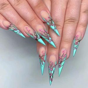 False Nails Tiffany Blue Chinese Style Plum Blossom Long Pointed Nail French Patch Fake European And American Wearing