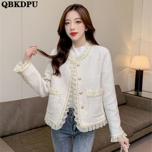 Women's Wool Blends Ruffled Slim Cropped Tweed Jacket Women Luxury Design Short Coats Spring Single Breasted Outwear Streetwear Elegant Chaqueta 230905