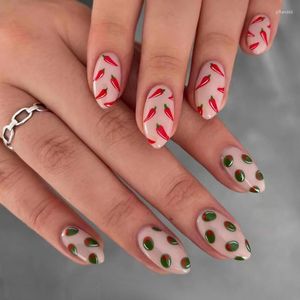 False Nails 24pcs Almond Artificial Pepper Pattern For Girls Wearable Press On Manicure Detachable Fake Patch