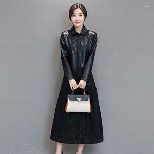 Kvinnors läder Autumn PU Kvinnor Medium Längd bantning över knäet Long Trench Coat Korean version Square Collar Minimalist Pendling