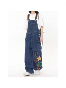 Jeans femininos denim mochila calças mulheres americanas high street hiphop impressão solta perna larga fina casual de uma peça