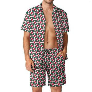 Herrspårspår Patchwork Print Fitness Outdoor Men Set Red White Block Casual Shirt Set Summer Design Shorts Two-Piece Trendy Suit Plus Plus