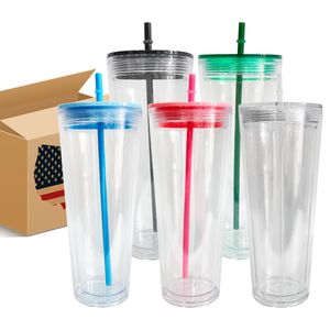 USA Warehouse gratis frakt dubbelväggig isolerad plast arylisk tom 24oz klar snöklot med lock och sugrör blandade färgtumbler koppar för DIY vinyl