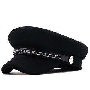 Berretti Autunno Inverno Catena Berretti militari neri per donna Berretto militare piatto femminile Cappello Salior Ragazza Berretti da viaggio Berretto da pittore da donna 230905