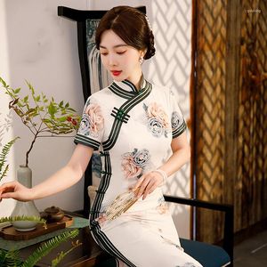 Ubranie etniczne Elegancka letnia beżowa długie druki Cheongsam Fashion Vintage Catwalk Qipao Chinese Style Evening Dress for Women Impreza