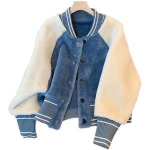 Damen Jacken Winterjacke Blau Spleißen Y2K Baseball Mantel Frauen Faux Teddyfell Basic Weibliche Mode Vintage Harajuku Kawaii 230906