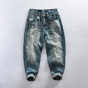 Herr jeans 1023 rippade hål vintage streetwear för män amerika stil hip hop mode löst casual denim byxor hög kvalitet byxa