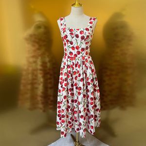 Womens dress European fashion brand sleeveless gathered waist white cherry printed cotton midi dress