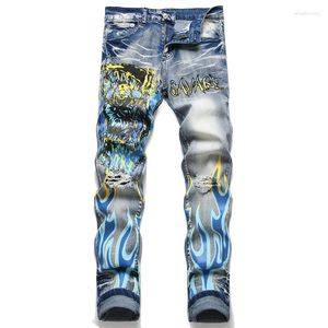 Herr jeans män tryck slips färgade streetwear punk stil rippade hål y2k denim byxor hip hop hajuku blå byxor