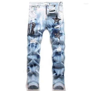 Jeans masculinos design homens letra estrela rasgado high street punk estilo magro moda motocicleta estiramento slim fit calças jeans