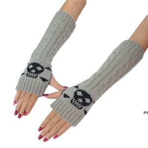 Women Winter Wrist Arm Warmer Skull Knitted Long Fingerless Gloves Mitten Halloween Gloves Women's Sleeve b1020