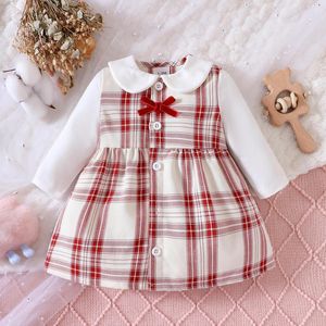 Vestidos de menina infantil bebê outono manga longa boneca pescoço xadrez botão risca pulôver vestido uso diário