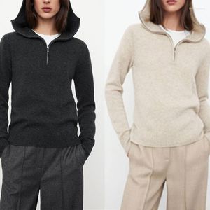 Suéteres femininos 2023 mulheres cashmere com capuz camisola de malha outono inverno senhoras duas cores malhas macias meio zíper pulôver top