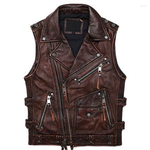 Men's Vests Vintage Brown Motorcycle Biker Leather Vest Men Real Cowhide High Quality Sleeveless Jacket Slim Club Style Coat