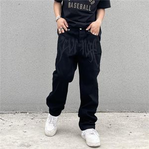 Jeans masculinos preto solto rua hip-hop americano vintage alto bordado impressão carta reta perna calças versátil