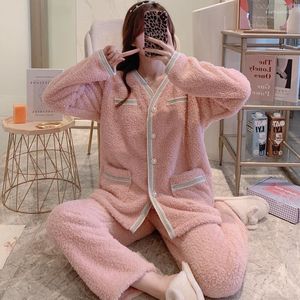 Women's Sleepwear Simple Pajamas Coral Fleece Autumn Winter Thickening Suits V-neck Open Button Sweet Home Clothes Can Be Worn Outside
