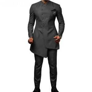 African Stand Collar Men Suit 2 Piece Male Dress Wedding Groom Dark Grey Slim Fit Business Prom Party Tuxedo Man Blazer Men's2630